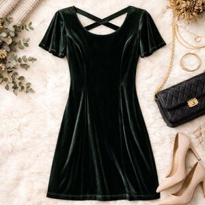 Vtg CDC Petites Caren Desiree Forest Green Velour S/S Knee Crisscross Dress P8